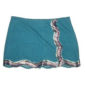 QUEEN OF SPARKLES Teal Mini Skirt with Multicolored Sequin Wavy Trim